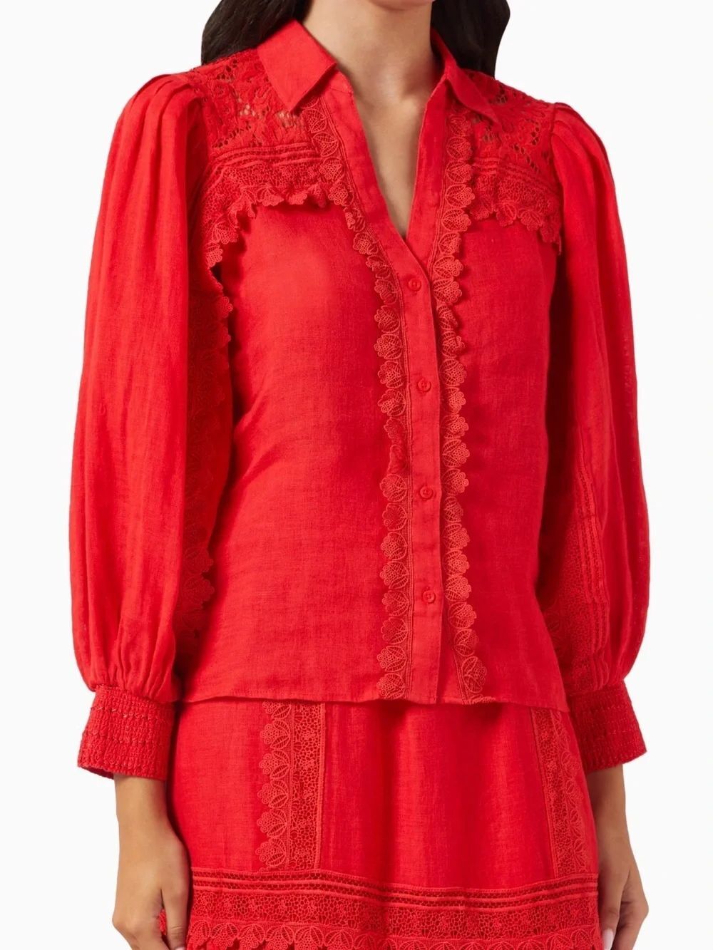 NWT Alice + Olivia Red Lace-Trim Button-Front Blouse $440